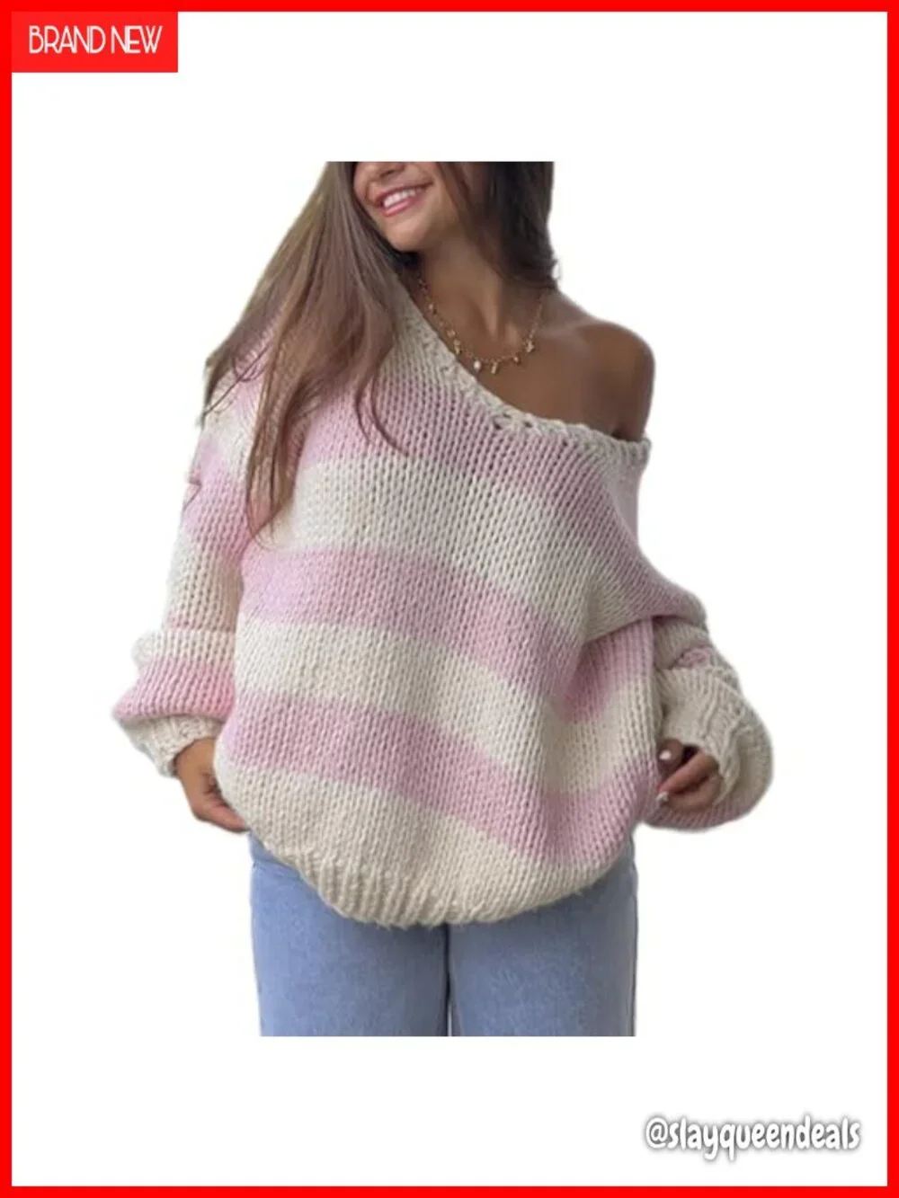 Vintage Striped Chunky Knit Pullover Sweater - Boat Neck, Oversized